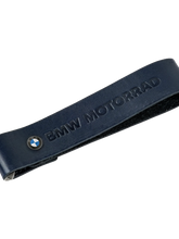 Load image into Gallery viewer, Navy leather keychain with metal ring on a white background. BMW Motorrad embroidered
